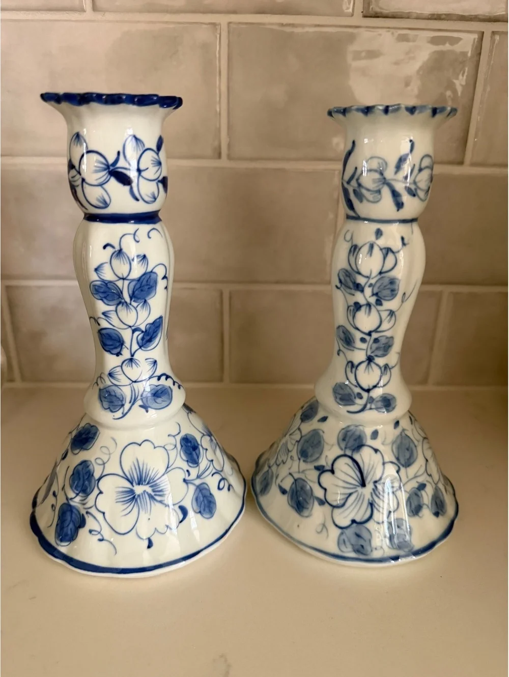 Vintage blue and white cottagecore farmhouse granny floral bow candle stick pair